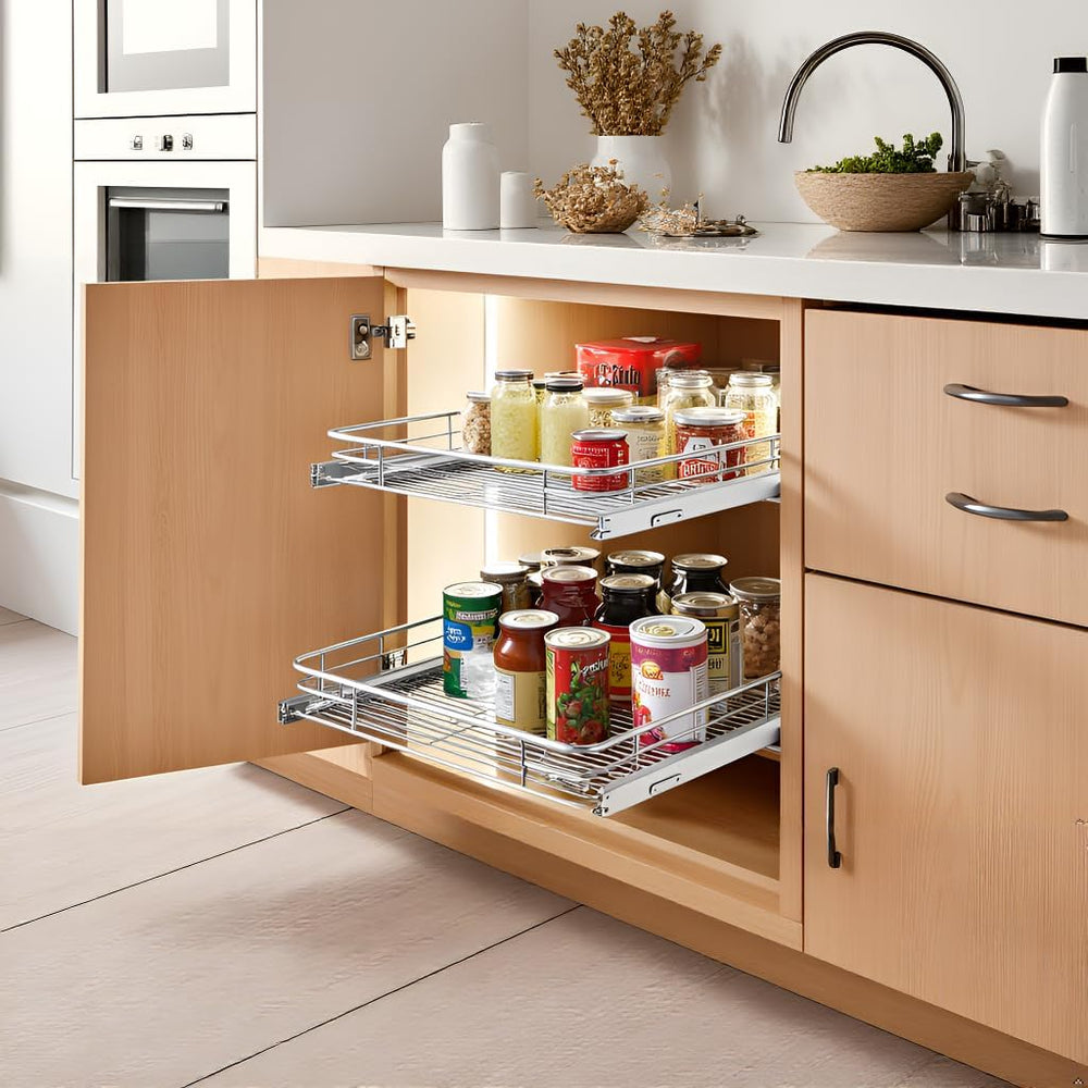JOWBOOW Cabinet Pull Out Shelves 14" W x 21" D, Chrome-Plated Steel