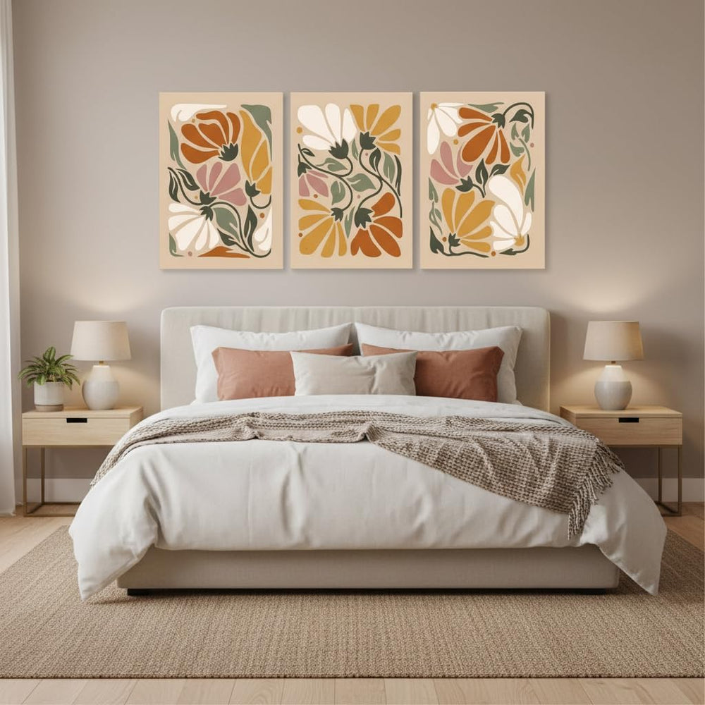 XIGBAWAN 3Pcs Boho Floral Canvas Wall Art, Abstract Flower Wall Decor