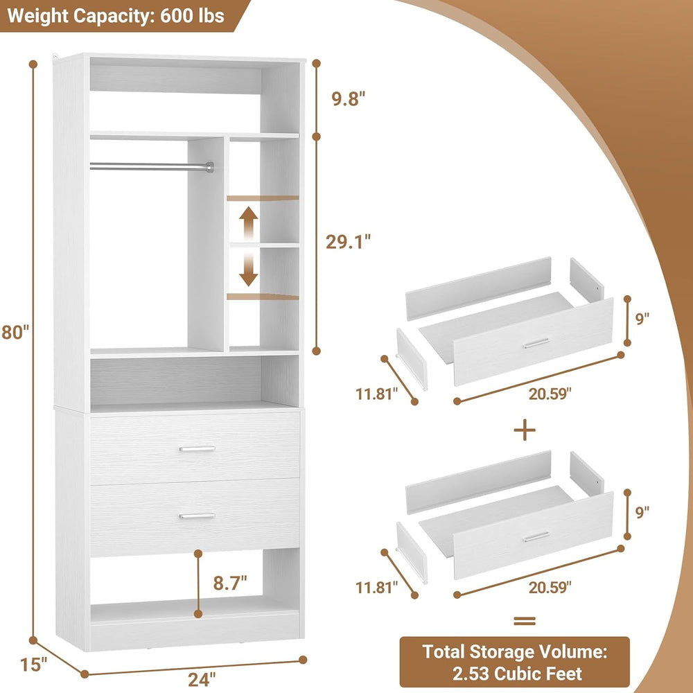 Besiost 2FT Small Closet System with 2 Drawers, Wooden Closet Organizer