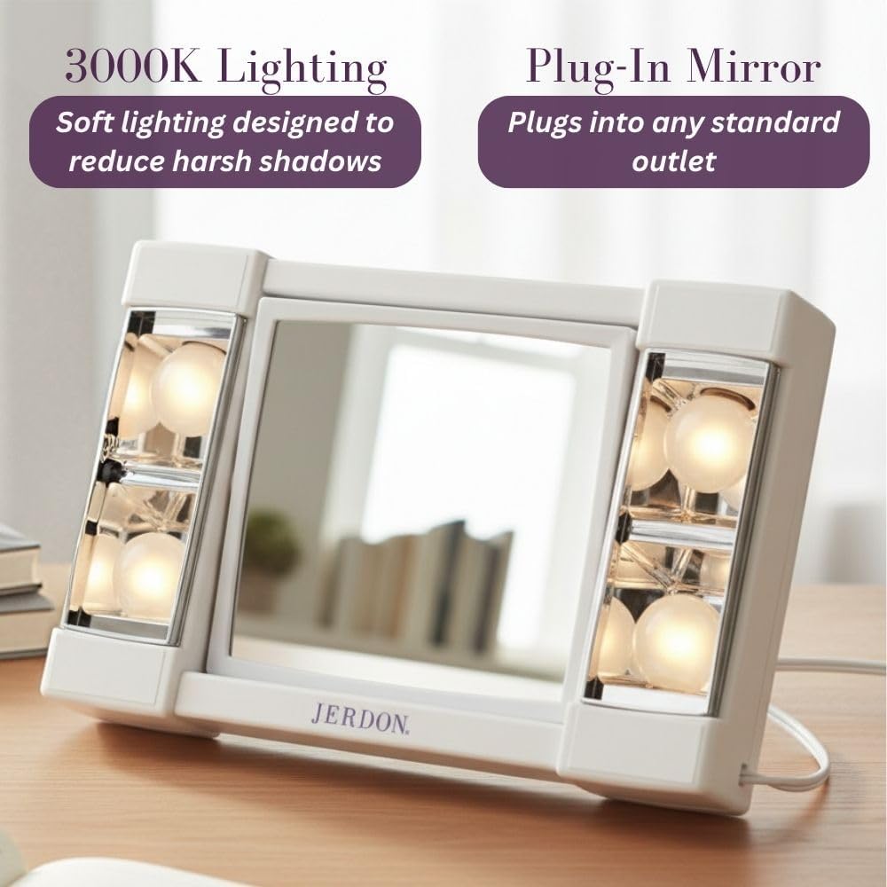 JERDON Lighted Makeup Mirror with 3X Magnification - White - J1010
