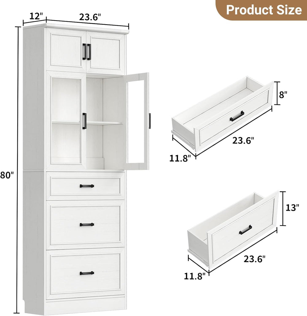 Unikito 80" Kitchen Pantry Cabinet with Glass Door and 3 Drawer Organizers