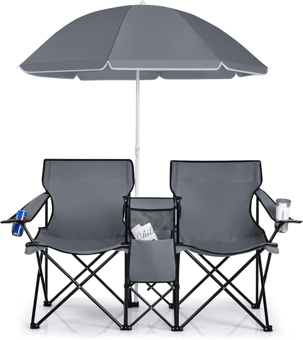COSTWAY Folding 2 Seater Camping Chair with Parasol and Cooler, Grey