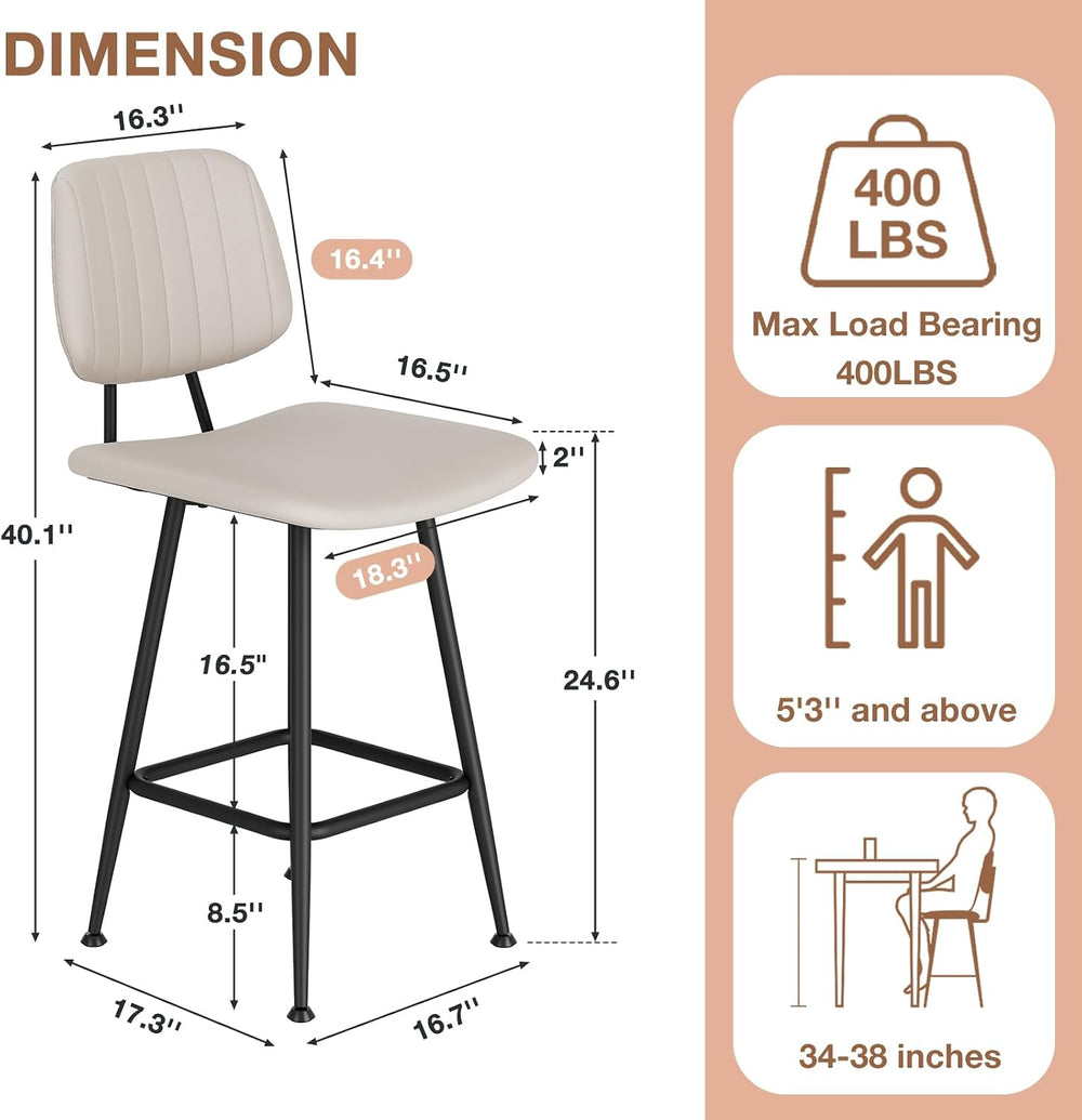 Raynesys 24-Inch Leather Bar Stools Set of 3 with High Backrest, Beige