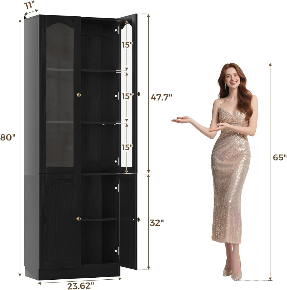 Cyclysio 80" Tall Bookcase with Arched Glass Doors, Adjustable Shelf, Black