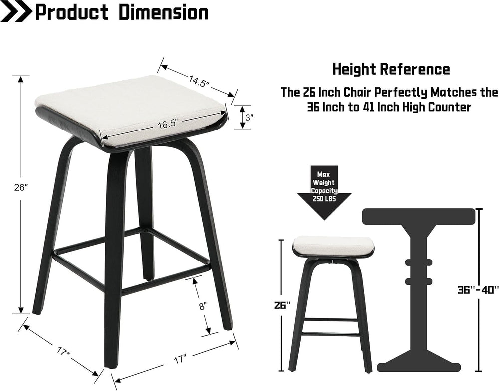 HNY 26" Swivel Bar Stools Set of 2, Backless Counter Height Bar Stools w...