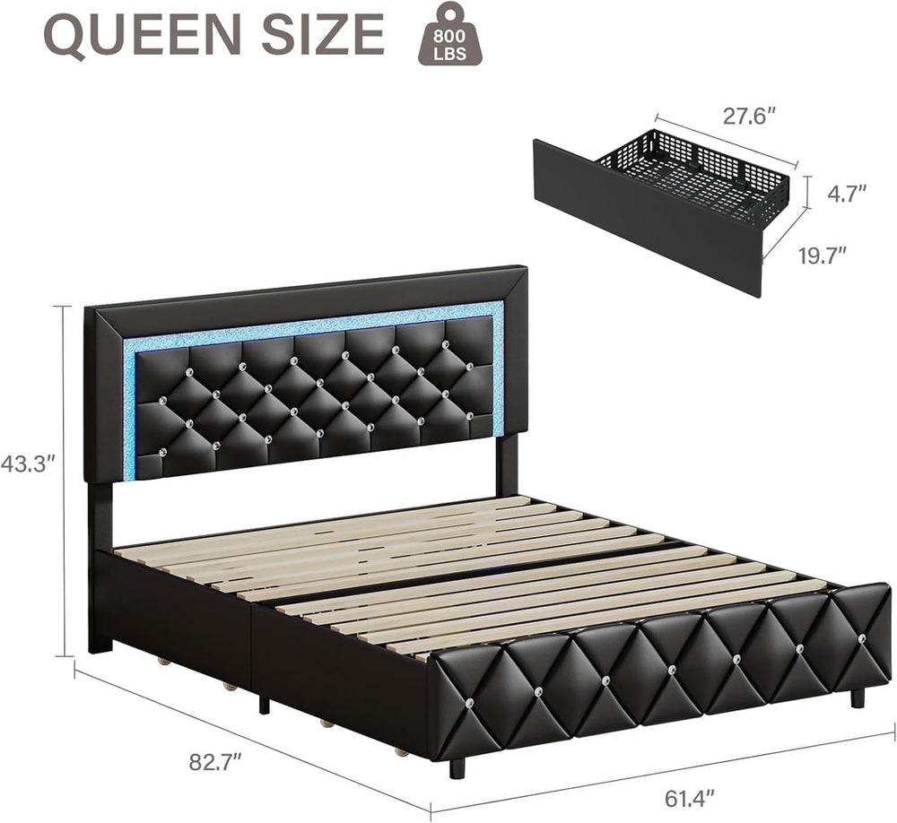 BarnFurin Queen Bed Frame with LED Headboard and Storage Drawers,Black