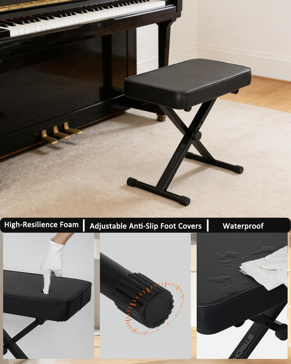STRICH Piano Bench Folding Stool, Adjustable X-Style Piano Chair with 2.3 inc...