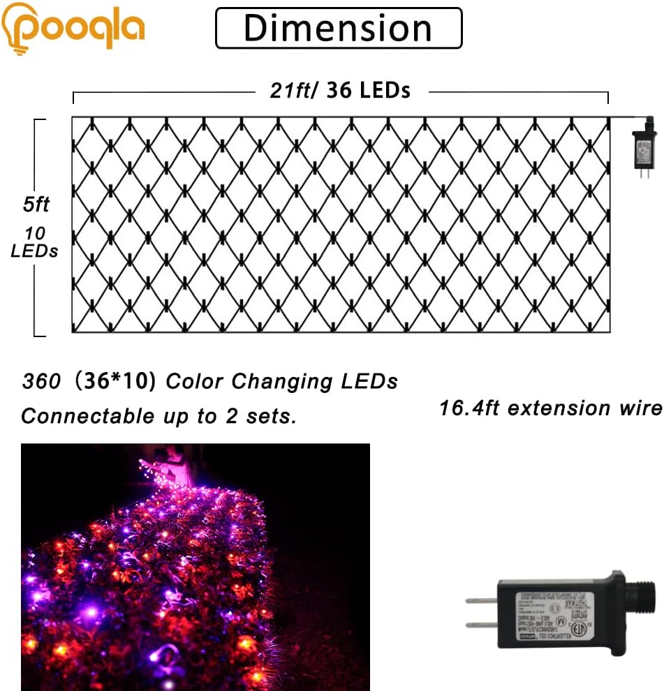 Pooqla Orange and Purple Halloween Net Lights Outdoor, 21x 5ft Green Wire