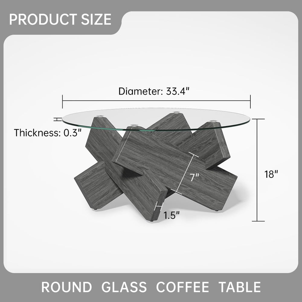 Gray Round Glass Coffee Table,33" Round Coffee Tables for Living Room Cl...