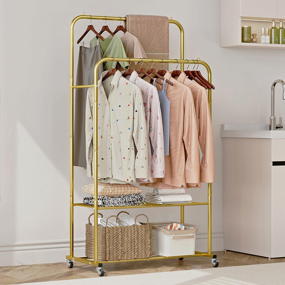 SUOERNUO Clothes Rack with Lockable Wheels Double Rods Metal Garment Racks