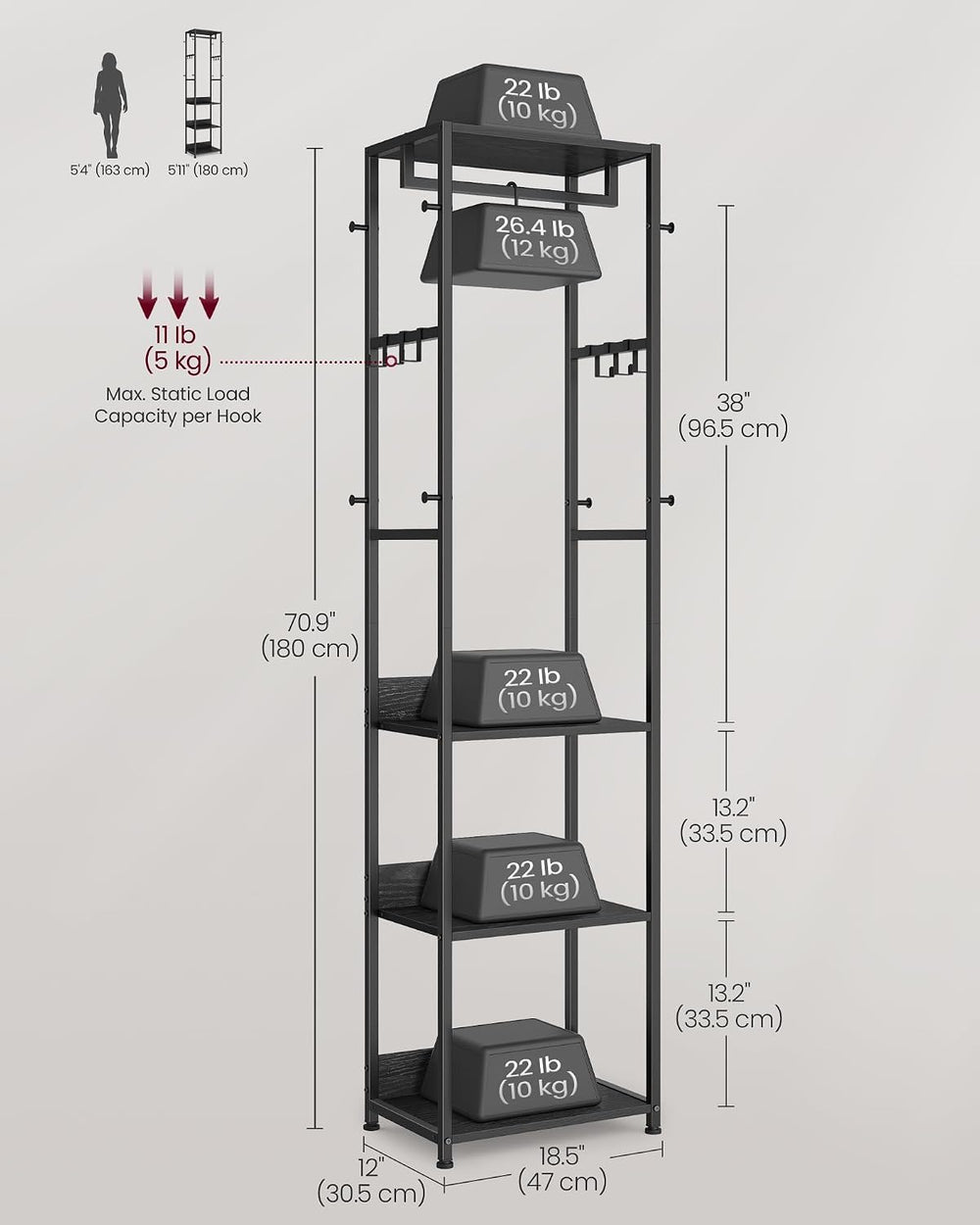 VASAGLE Freestanding Coat Rack, Hall Tree with Shelves, Steel Frame