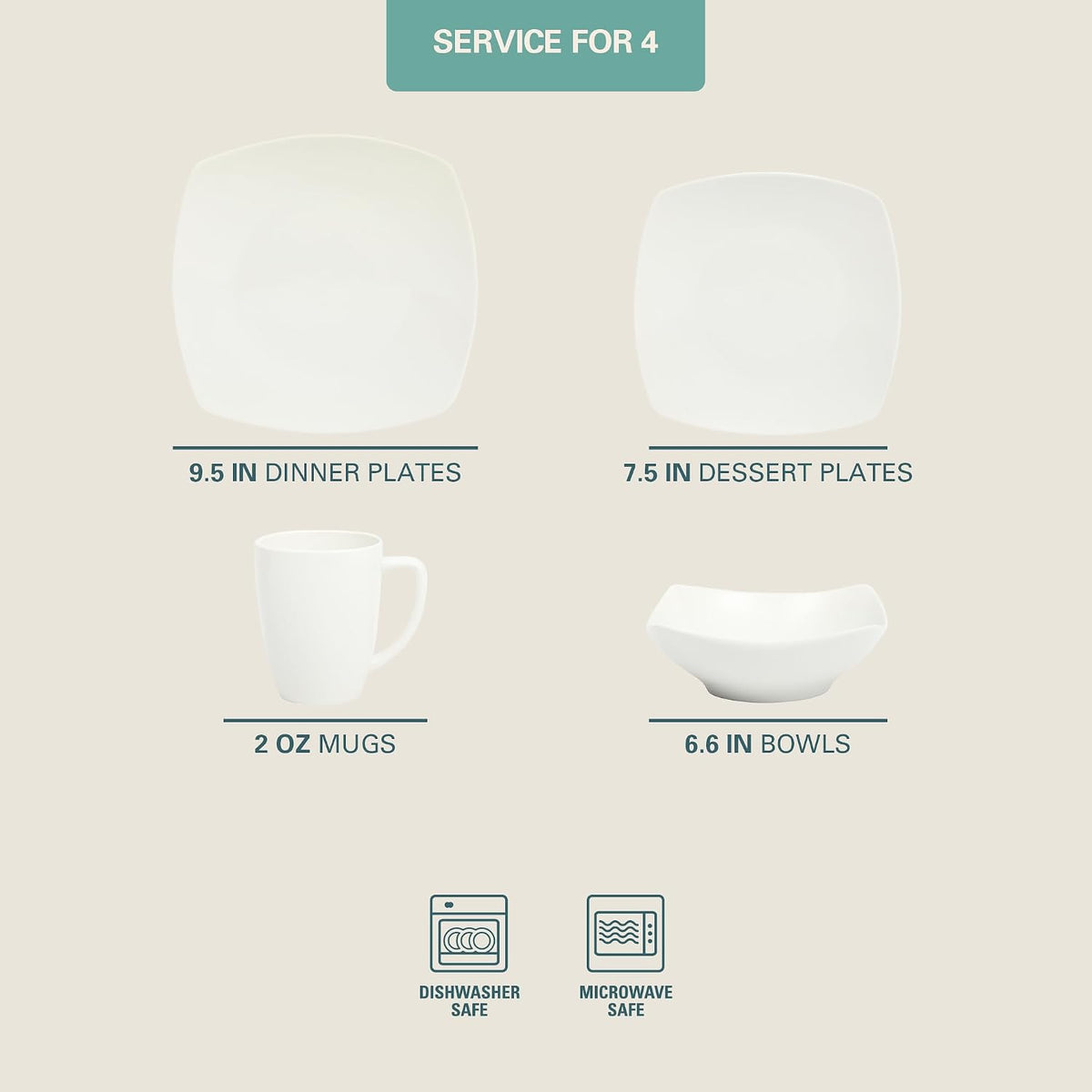 Gibson Home Zen Buffet White Porcelain Dinnerware Set for 4, Square Plates Bowls and Mugs, Chip and Scratch Resistant, Dishwasher and Microwave Safe, 16 Piece