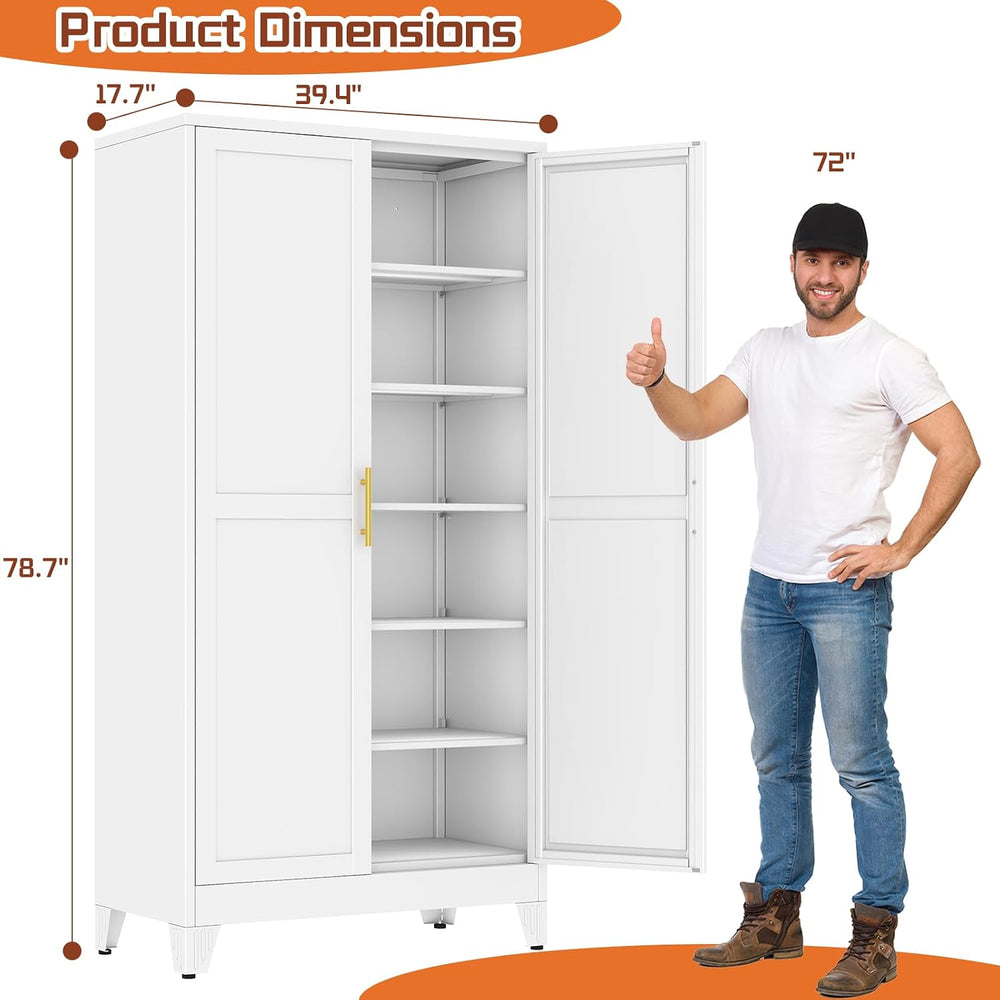 White Metal Storage Cabinet, 79" Kitchen Pantry Cabinets for Office