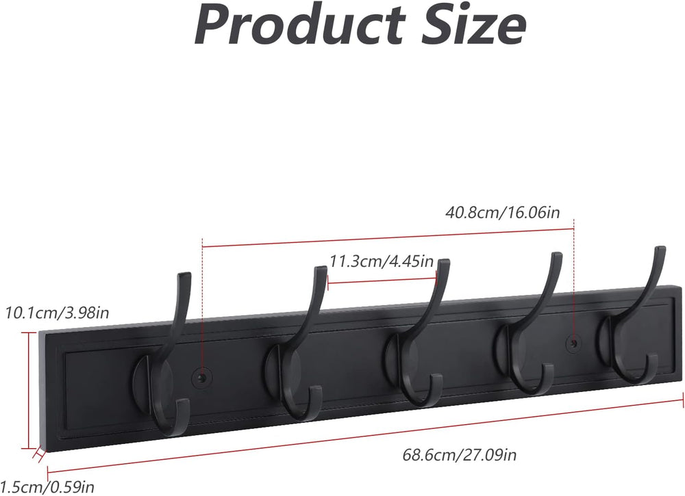 Wall Mounted Coat Rack, 27 Inch MDF Board with 5 Double Hooks, Black