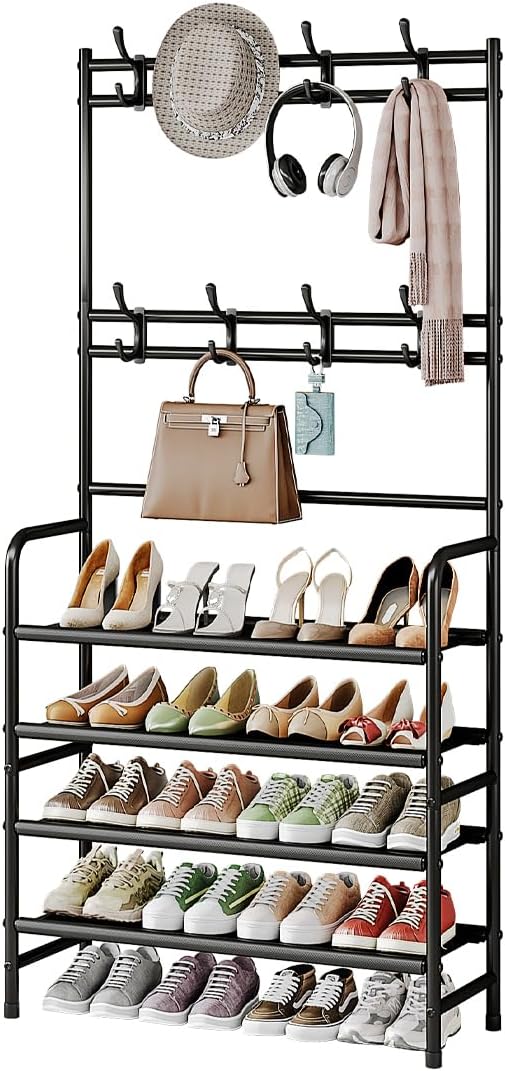 Coat Rack Shoe Rack With Storage Hooks Standing Organizer 4 Tier