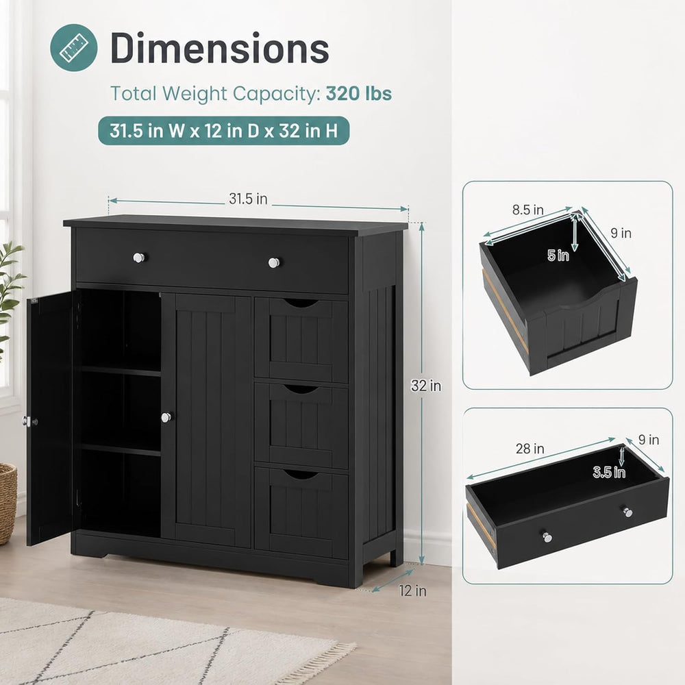 Bathroom Storage Cabinet, Freestanding Floor Cabinet with 4 Drawers, Black