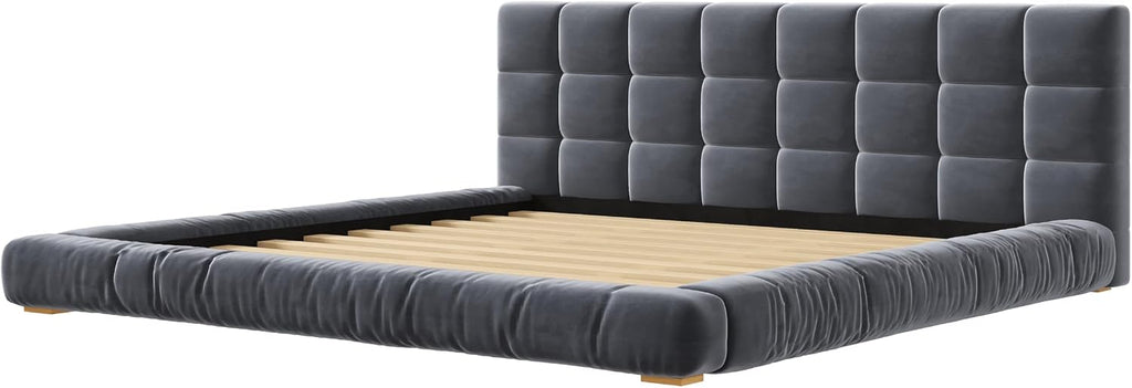 King Size Velvet Upholstered Low Profile Platform Bed with Channel Tufted Headboard and Sturdy Slat Support, No Box Spring Needed (Gray, King)
