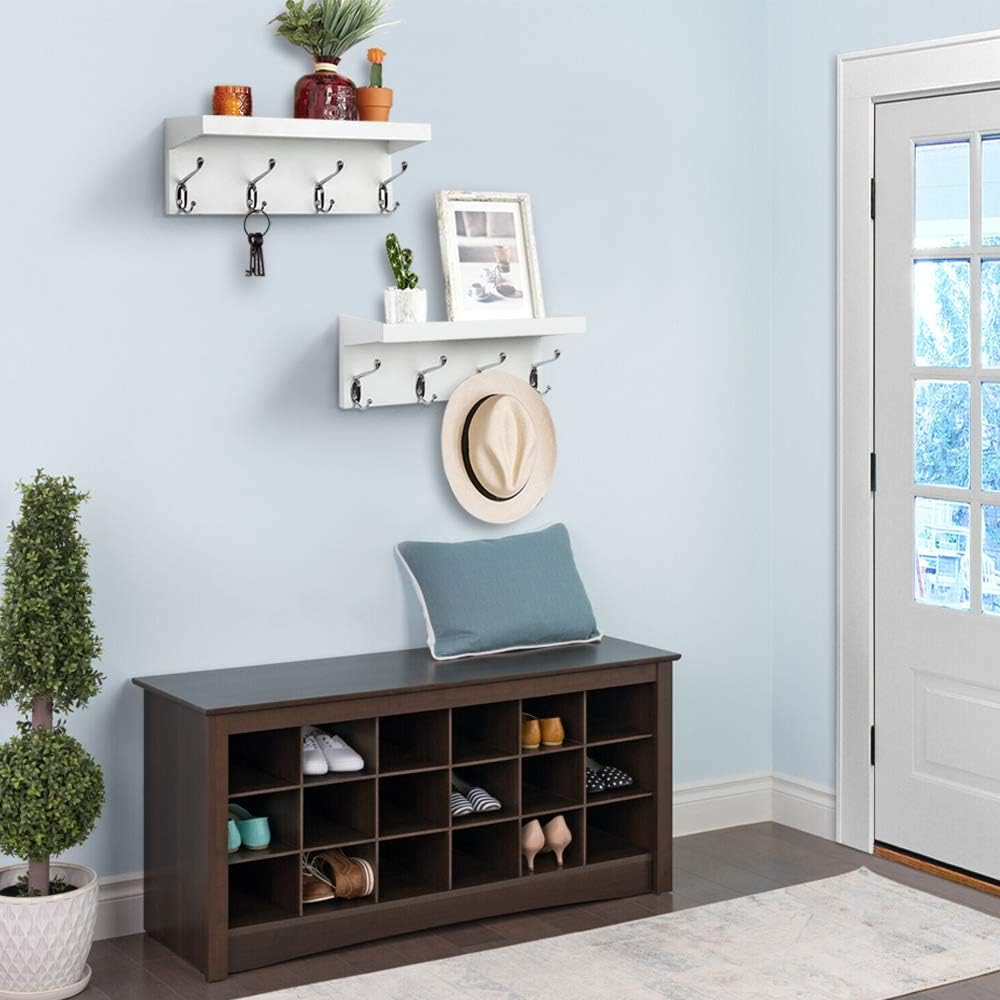ZGZD White Wall Mounted Coat Rack with Shelf Entryway Hanging Shelves with 4 ...