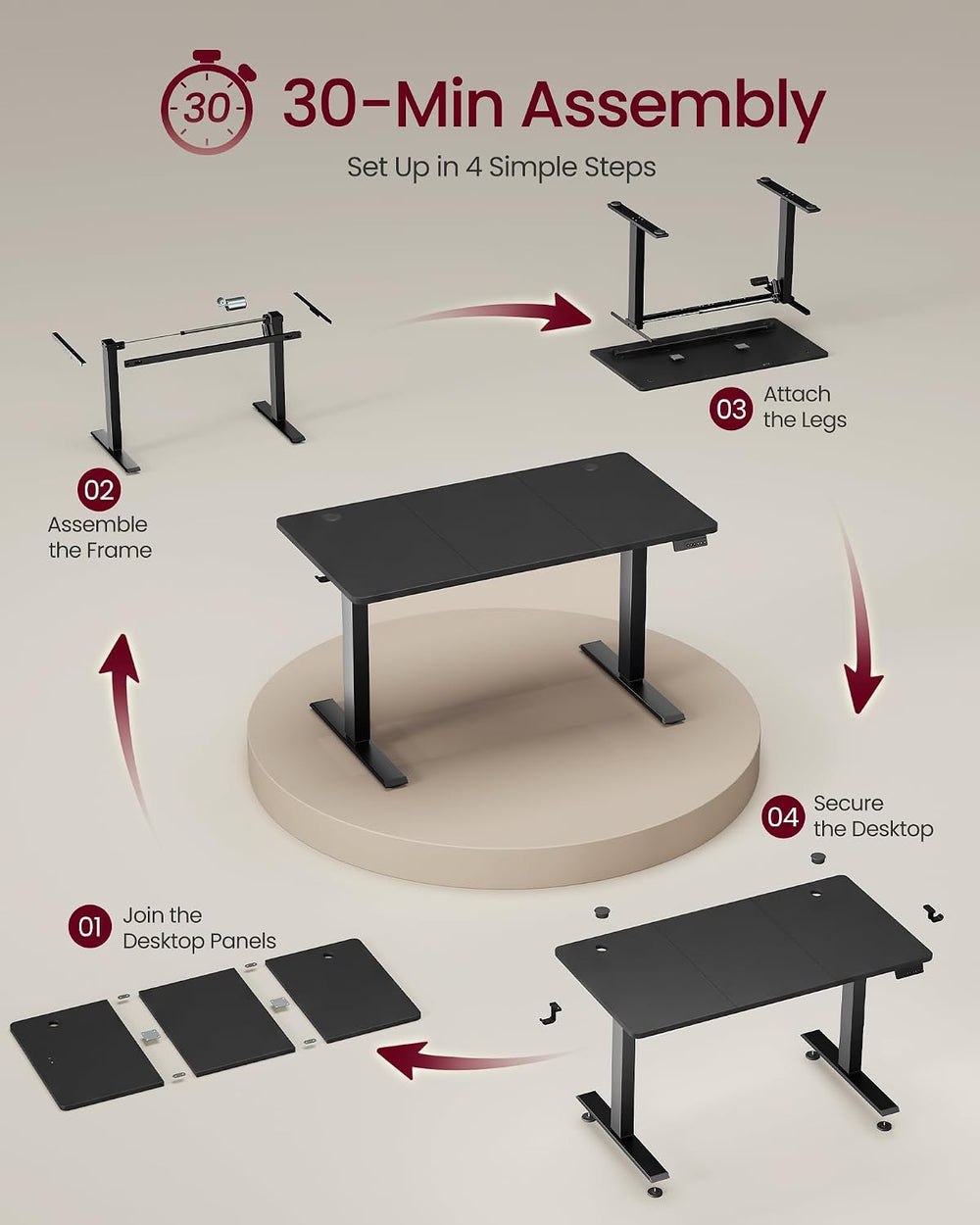 VASAGLE Standing Desk, 48x24 Inch Electric Adjustable Desk, 30-Min Assembly