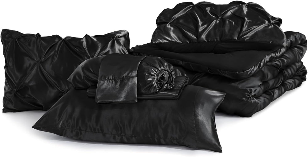 BEDELITE Satin Comforter Set Queen, 7 Pieces Pintuck Bed in A Bag, Black