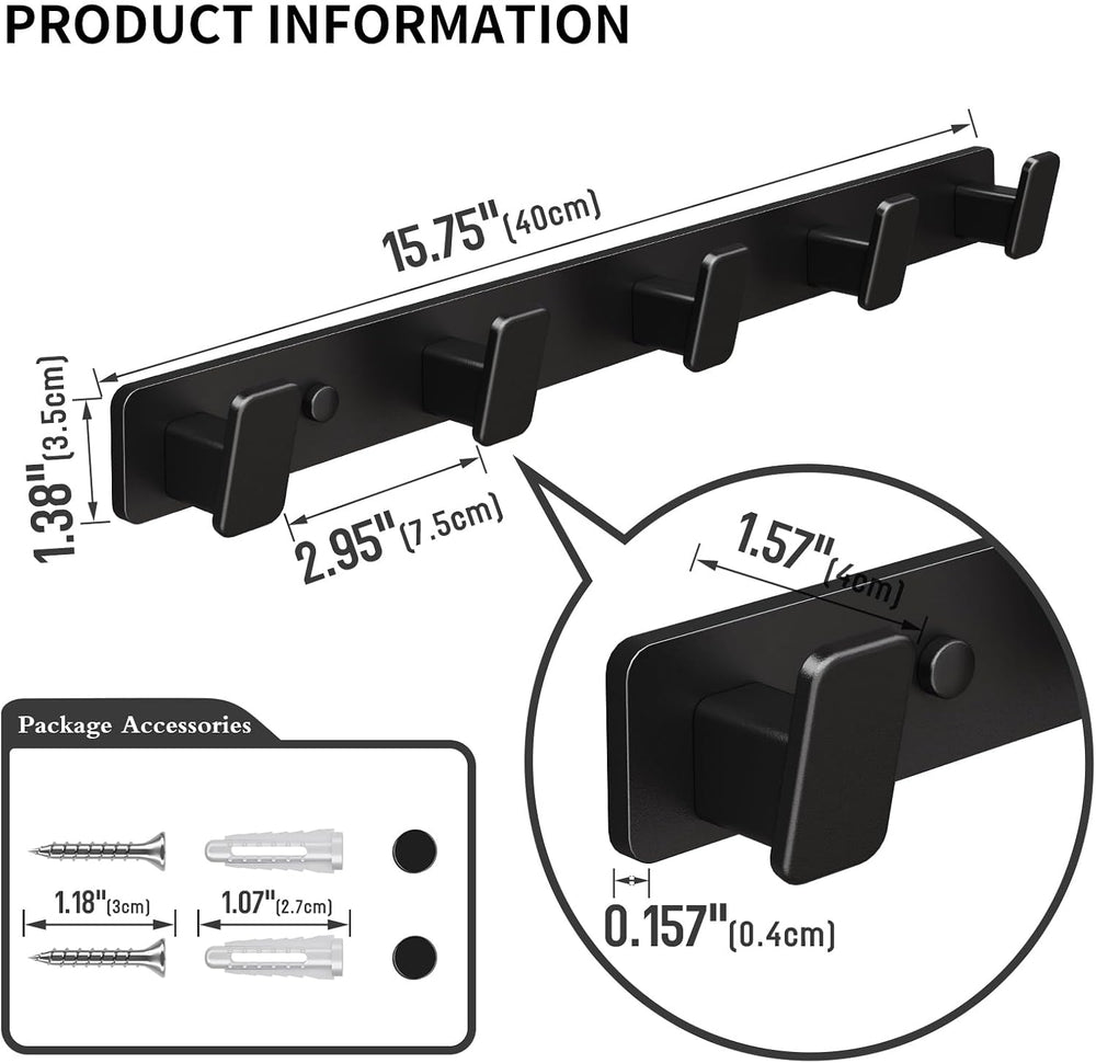 Black Wall Mount Coat Rack, 5 Wall Hooks For Hanging Key Holder Hat Hooks