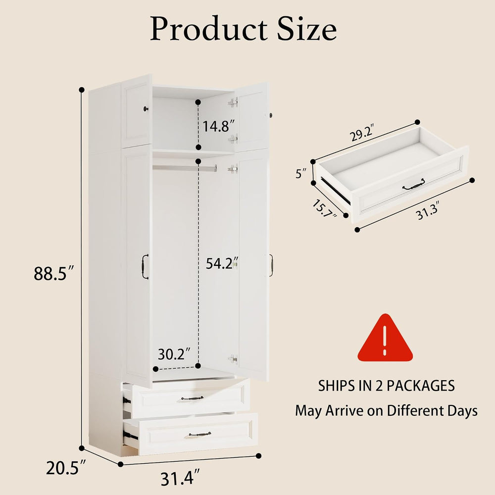 White Armoires Wardrobe Closet with 2 Drawers and 2 Doors: 88" H