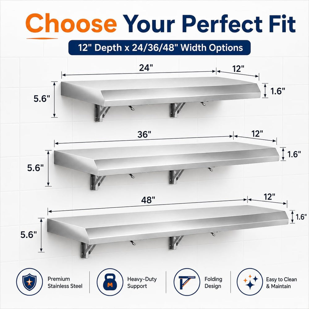 Folding Concession Shelf 24 x 12 Inch, Stainless Steel Fold Down Shelf