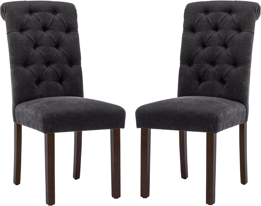 COLAMY Button Tufted Dining Chairs Set of 2, Accent Parsons Diner Upholstered Fabric Dining Room Stylish Kitchen Chairs with Solid Wood Legs and Padded Seat, Black