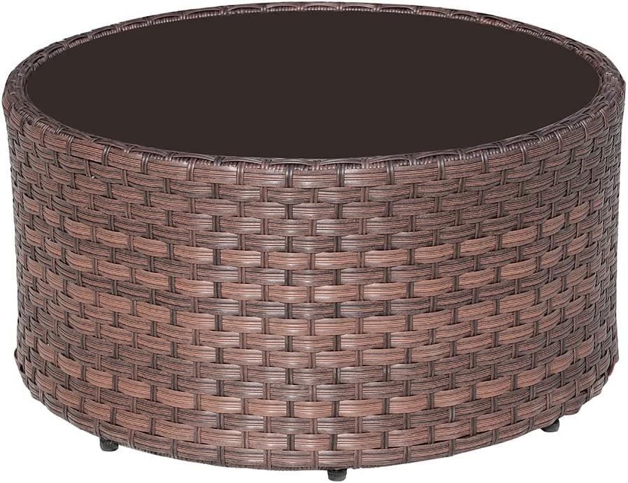 SUNSITT 28" Round Wicker Outdoor Coffee Table with Tempered Glass Top Brown