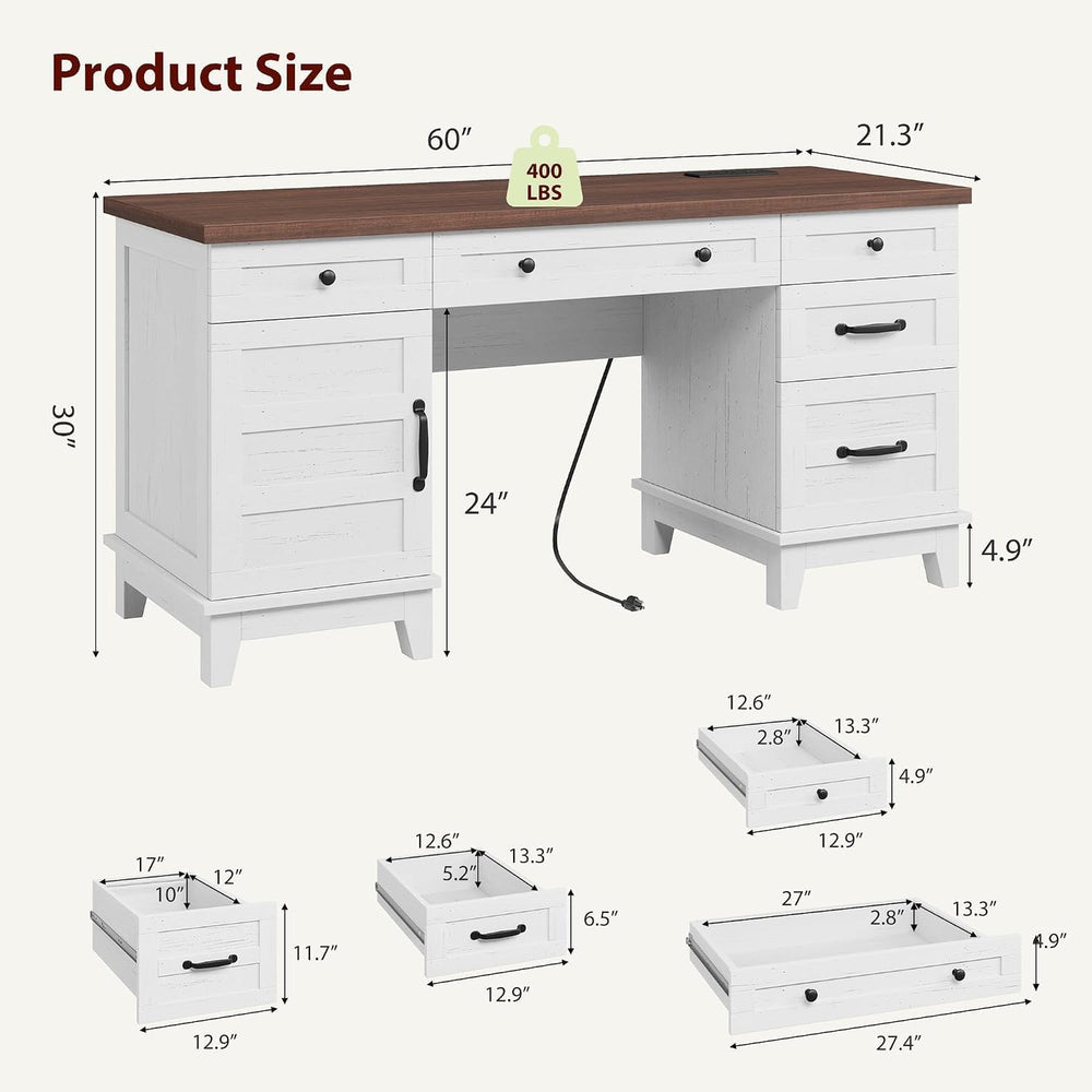 IDEALHOUSE 60" Farmhouse Home Office Executive Computer Desk with Drawers