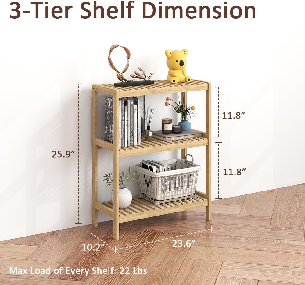 3-Tier Bamboo Freestanding Shelf Multi-use Small Bookshelf Bookcase