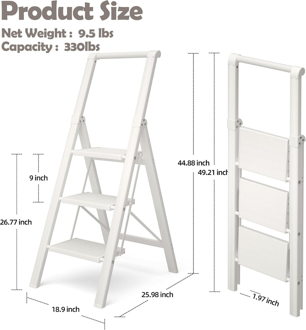 HillhutApex Aluminum 3 Step Ladder, Step Stool Foldable Ladder(White)