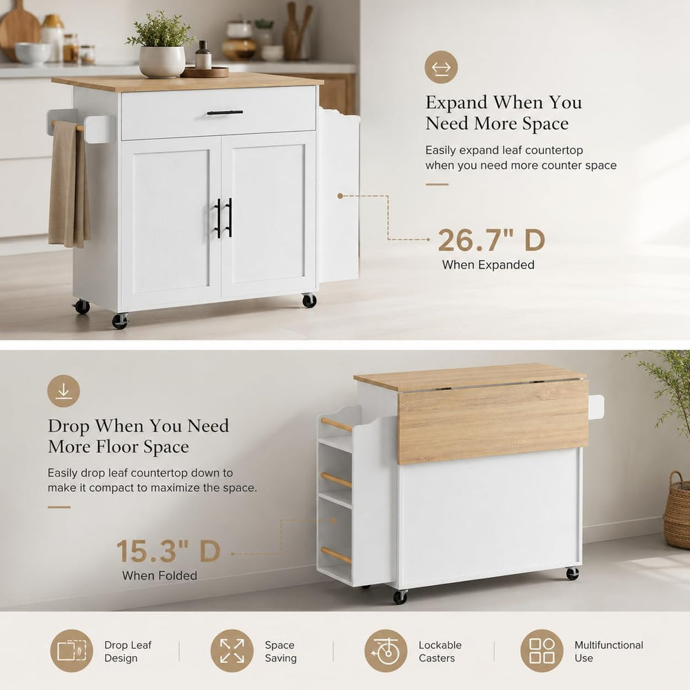 IRONCK Kitchen Island with Storage, Charging Station and Drop Leaf, White