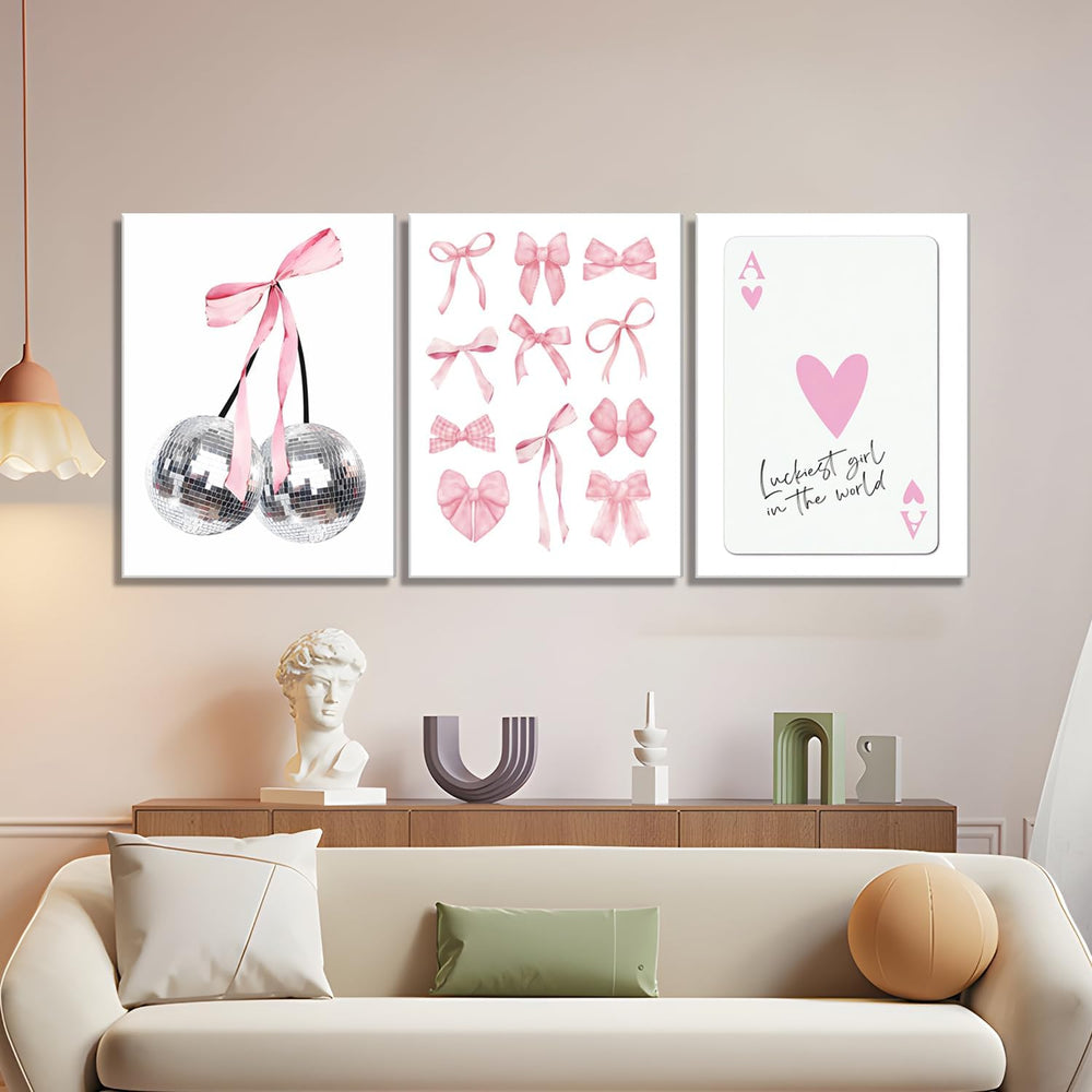 Pink Bows Wall Art Set of 3, Preppy Coquette Wall Decor, Trendy Disco Ball an...