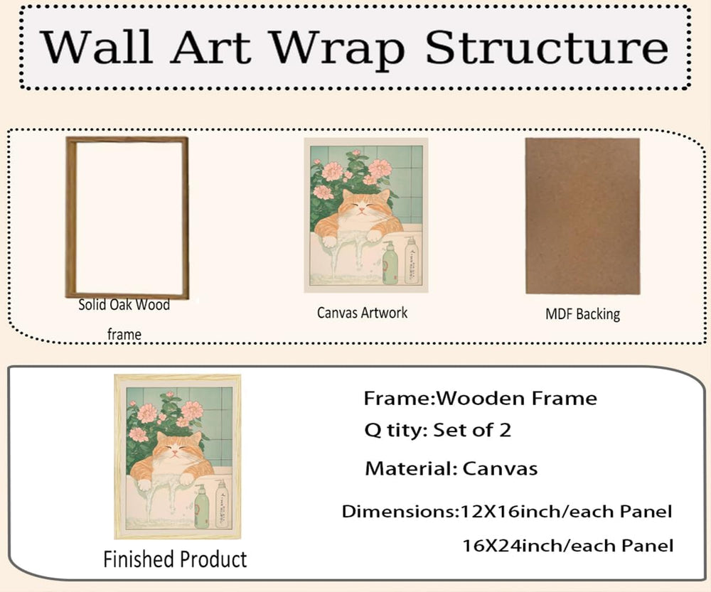 Framed Japanese Bathroom Wall Art Set of 2 Funny Cat & Capybara Bath Print
