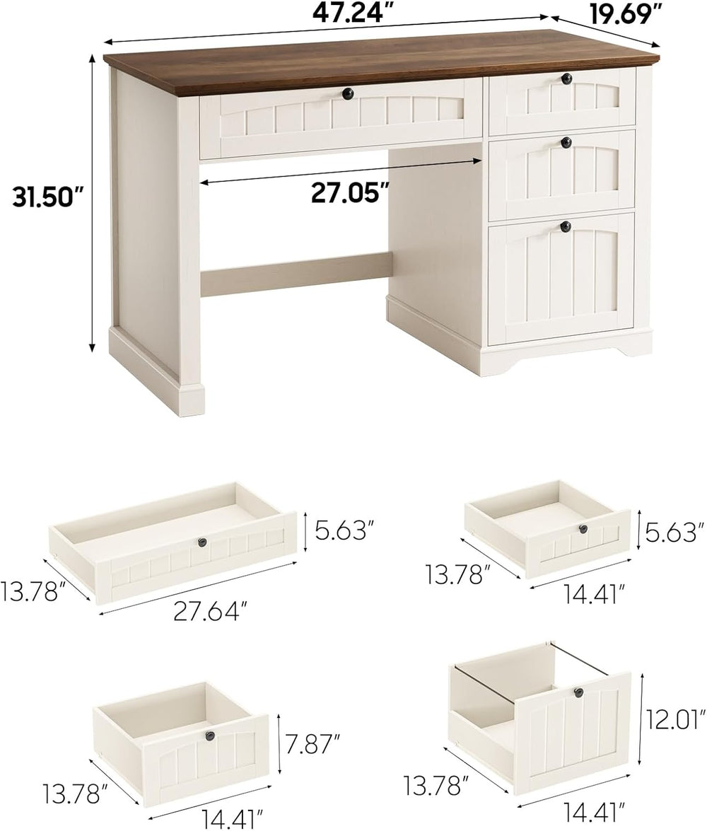 Vabches Farmhouse 47" Executive Desk with 4 Drawers, Unique White