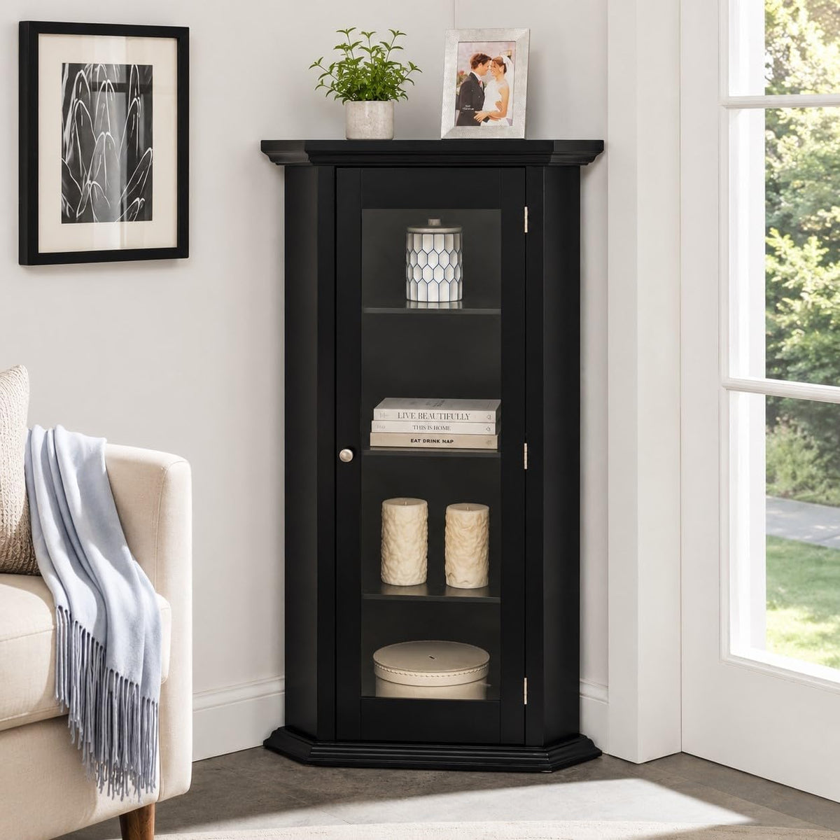 Kings Brand Corner Curio Display Cabinet w/Glass Door & Shelves, Black