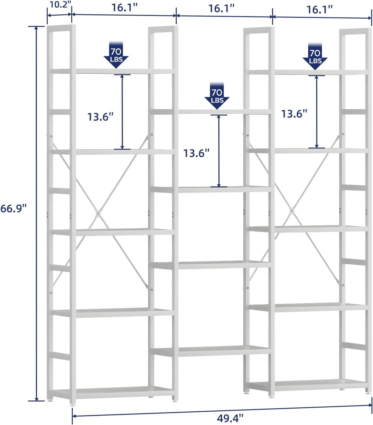 numenn triple column 5 tier bookshelf with 14, side view