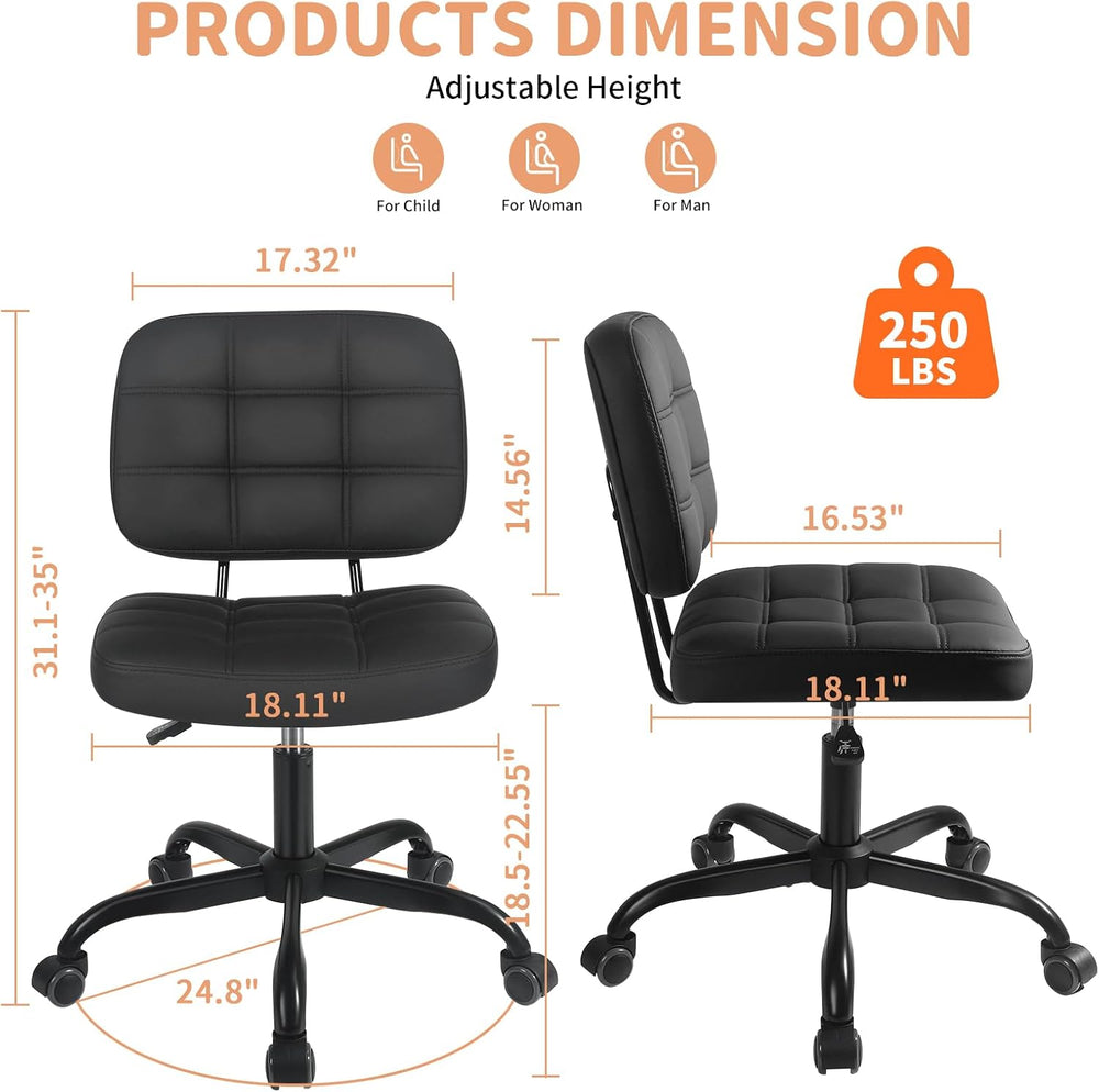 Armless Office Desk Chair, Small Drafting Desk Chairs with Wheels - Black
