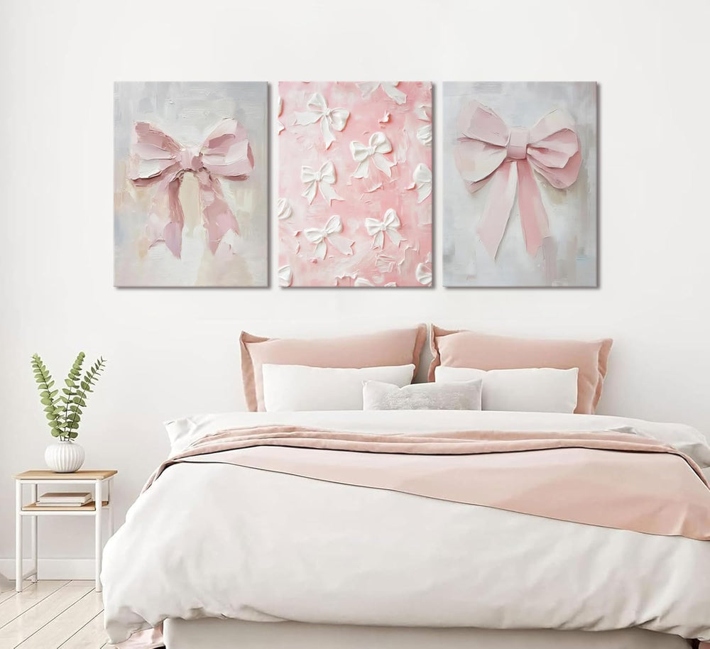 Pink Bow Canvas Wall Art Set of 3 Coquette Oil Painting Cute Bow Posters Wall...