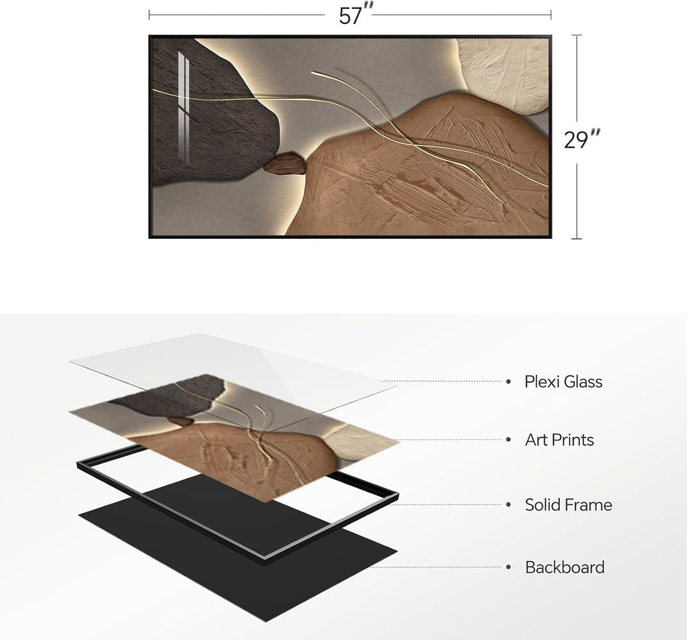 Horizontal Framed Abstract Brown Tan Wall Art for Living Room, 56x28 Inch