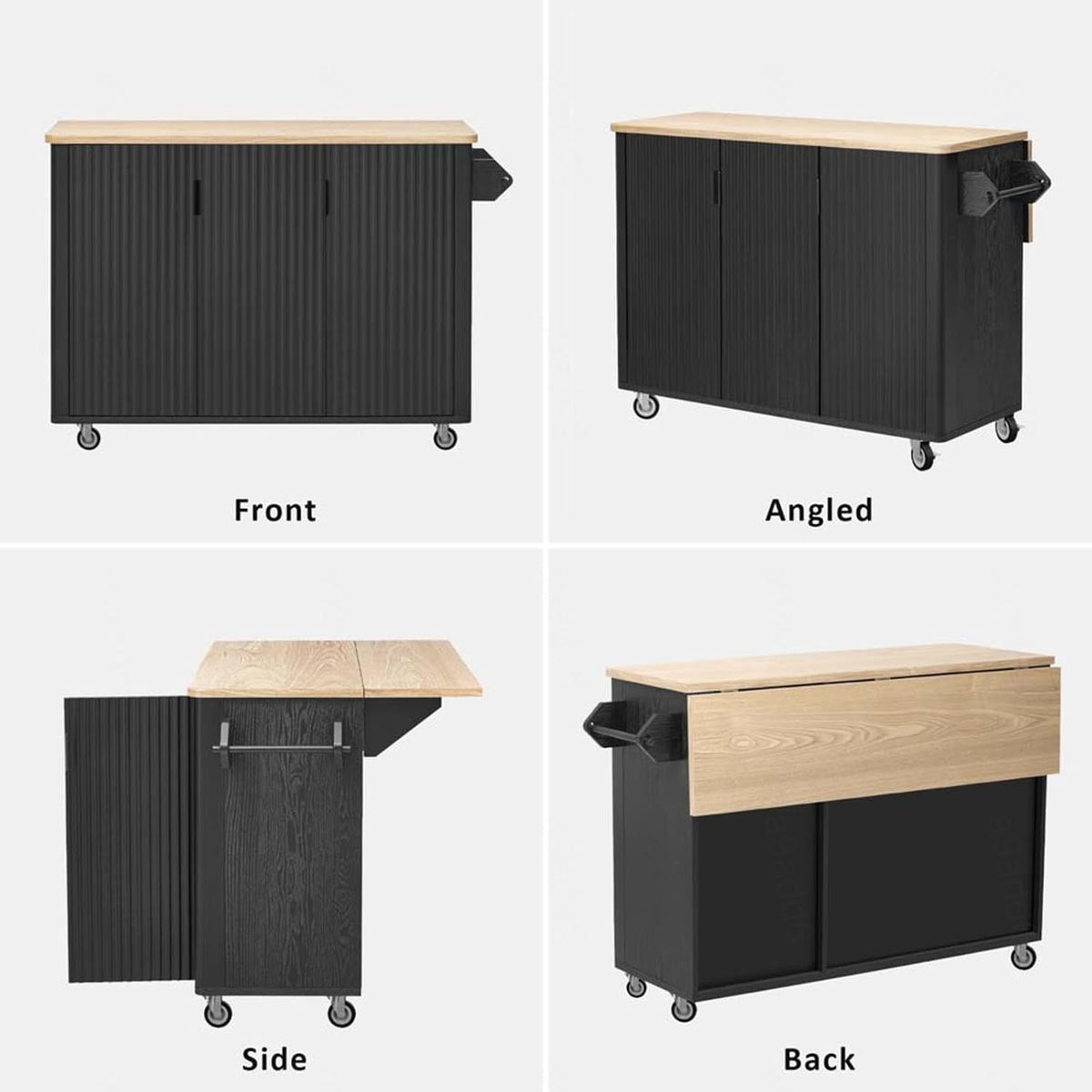Moveable Kitchen Island with Drop Leaf with Storage and Dining Table, Kitchen Island with Wheels with Wheels Towel Rack， for Kitchen, Dining Room, Black