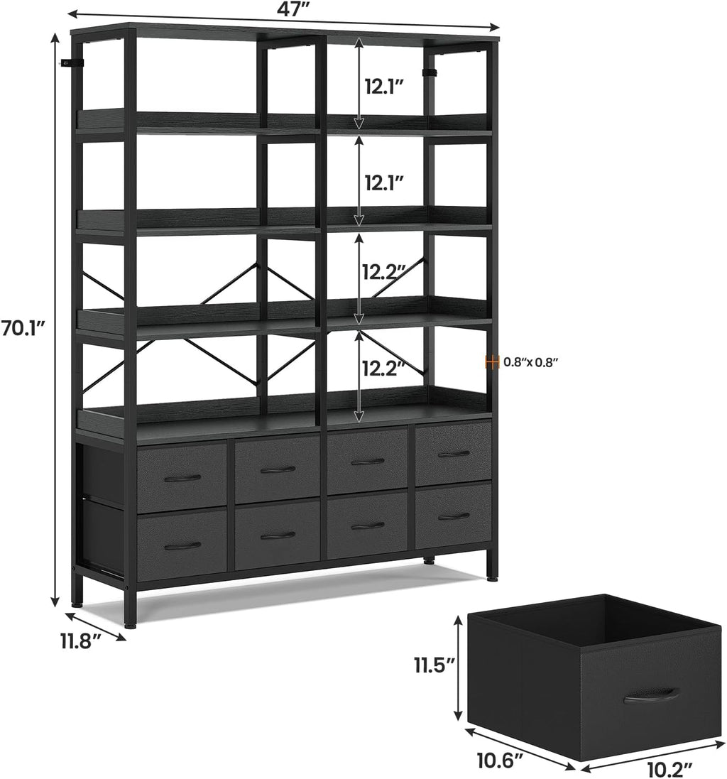 HAUOMS Bookshelf with 8 Fabric Drawers,Baffles Shelves, 7-Tier, Black