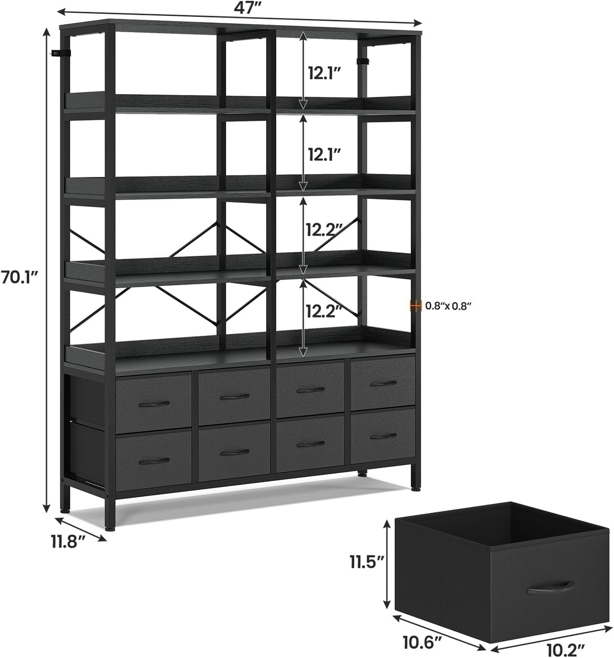 HAUOMS Bookshelf with 8 Fabric Drawers,Baffles Shelves, 7-Tier, Black
