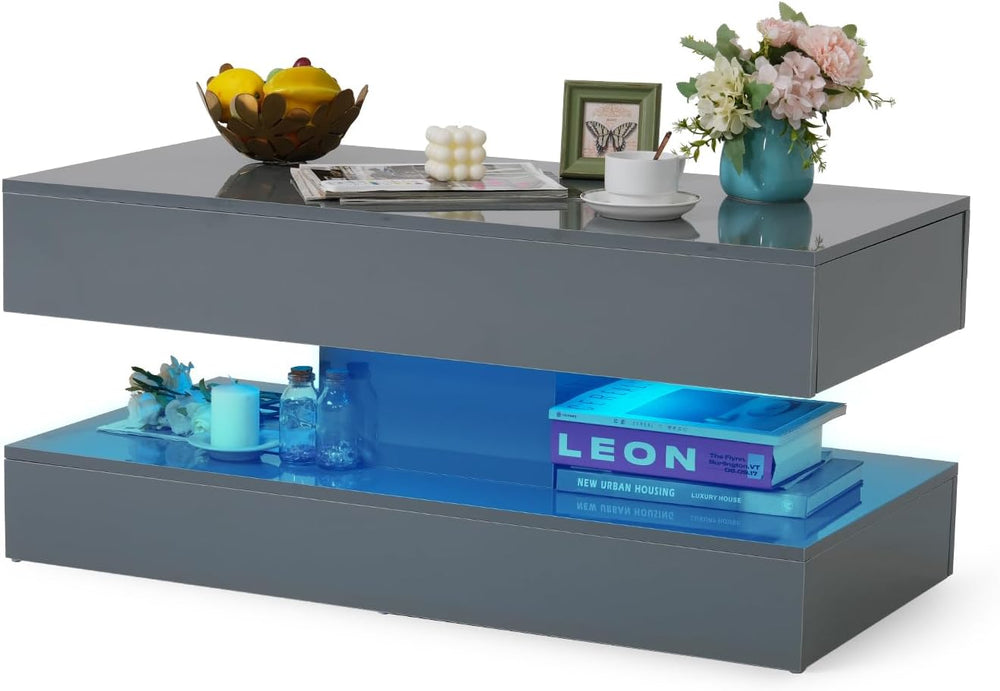 Verano Garden Modern High Gloss LED Coffee Table, 2-Tier Center Table