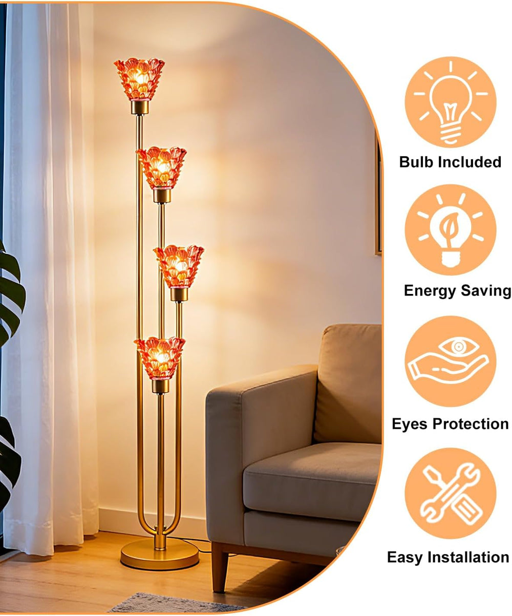 Lightdot Glass Floor Lamp Dimmable 4-Light Red Shade Gold Floor Lamps