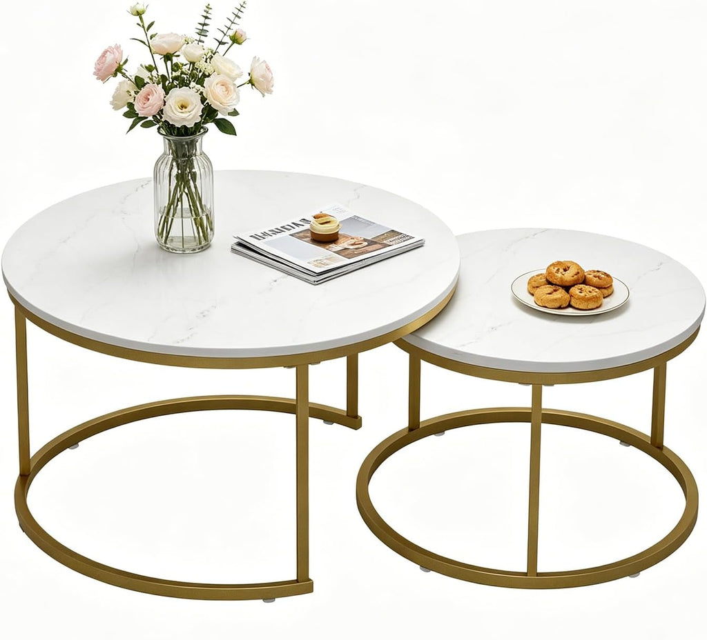 White Round Nesting Coffee Table Set of 2, Marble Pattern Top with Gold Metal Frame, 27.6" & 19.7" Nesting Side Table for Living Room, Space Saving