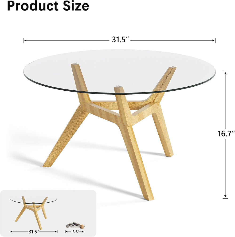 Vlsrka Round Glass Coffee Table, Boho Soild Wood Base, 31.5" W, Wood