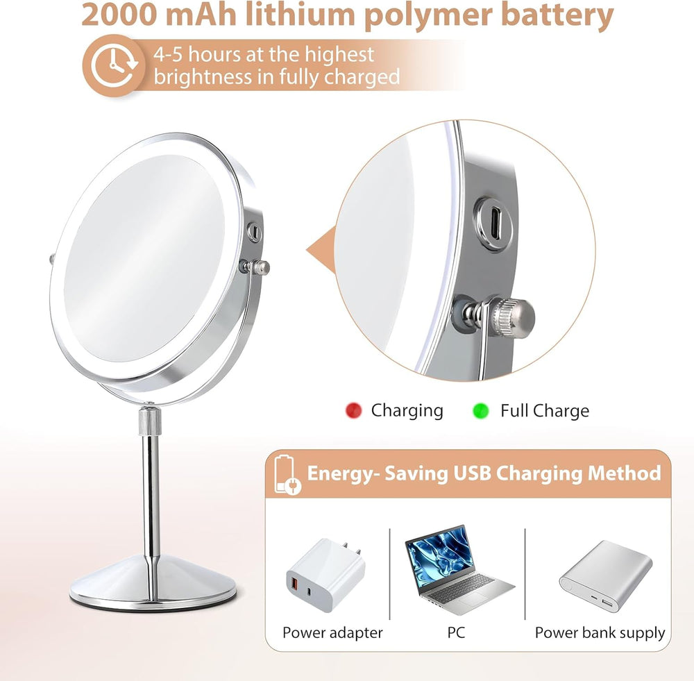 8" Tall Lighted 1X/10X Magnifying Makeup Mirror, Adjustable Height
