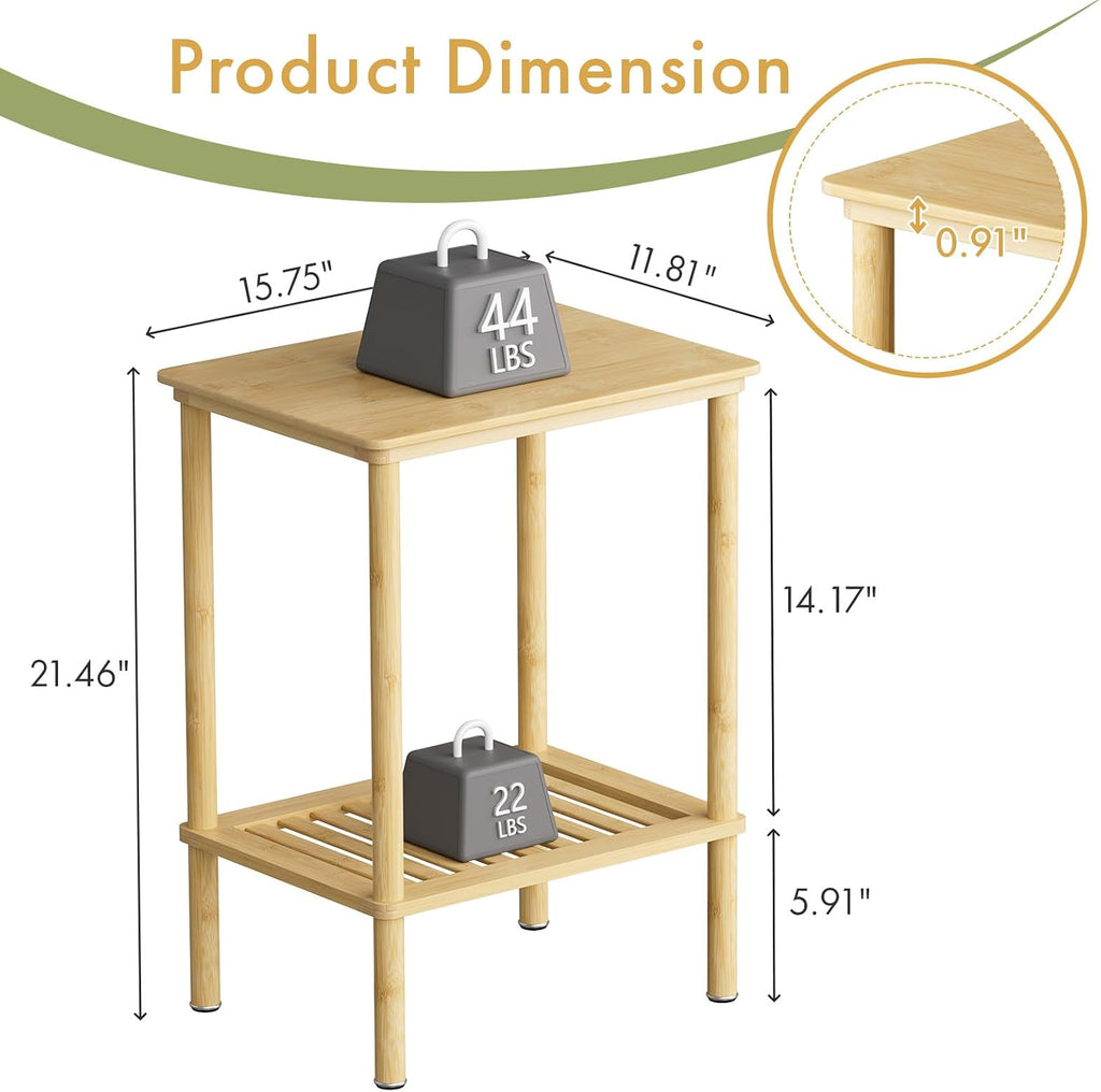 2 Tier Bamboo Narrow End Table, No Tool Assembly Bedroom Bedside Table, Small Space Nightstand, Bathroom Storage, Sofa Side Table, Entryway Table